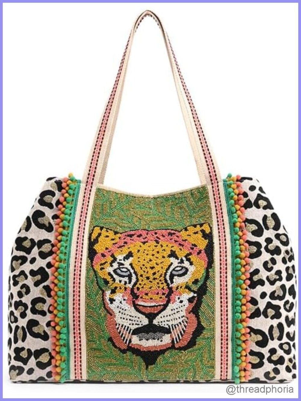 Hand-Beaded Leopard Tote Bag Women Cotton Bucket Shoulder Handbag